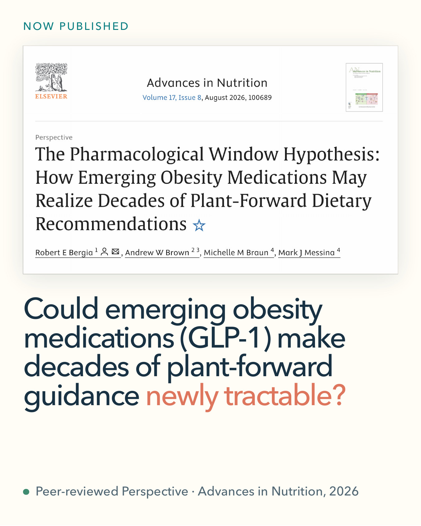 Opening card for The Pharmacological Window Hypothesis, showing the published Perspective and its plant-forward dietary question