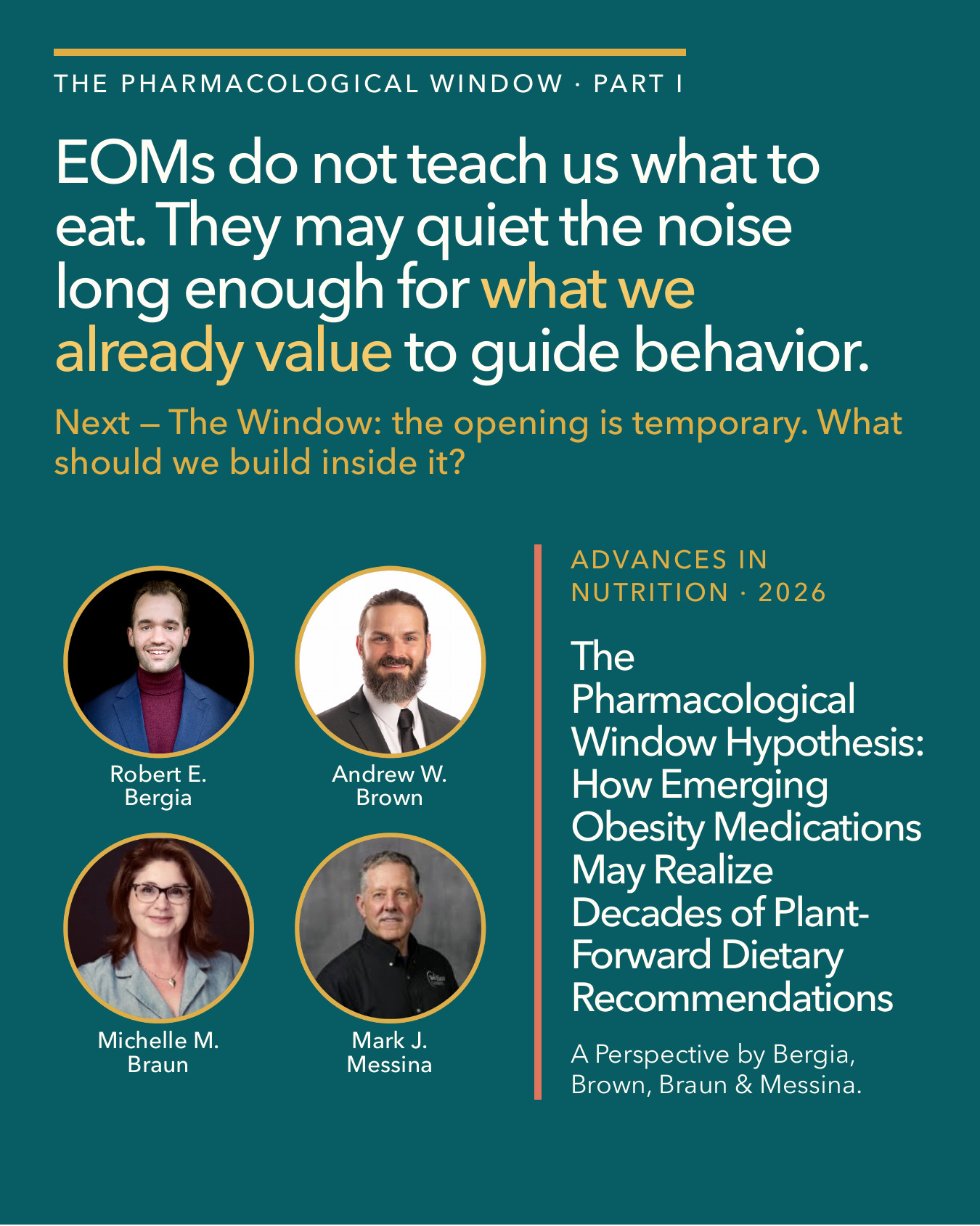Closing card for The Pharmacological Window Hypothesis with author portraits of Robert Bergia, Andrew Brown, Michelle Braun, and Mark Messina